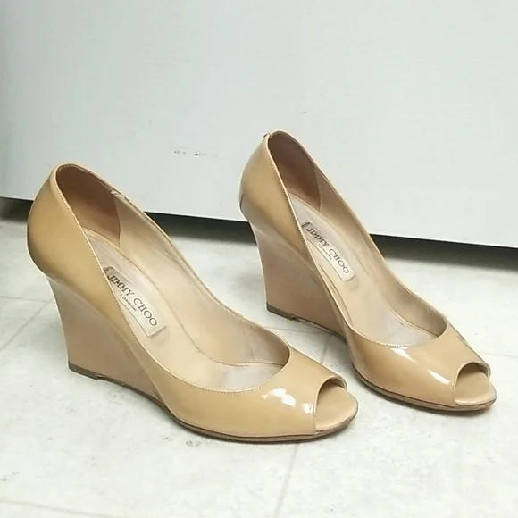 Used Jimmy Choo Beige Patent Peep Toe Wedges | CSD Jimmy Choo Beige Patent Wedges main image 1